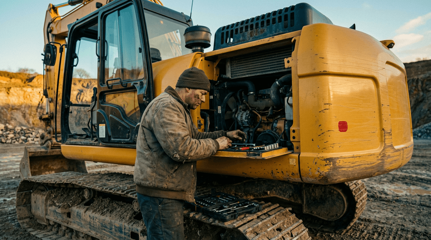 Heavy equipment repair - mechanic servicing excavator diesel engine in Kansas City